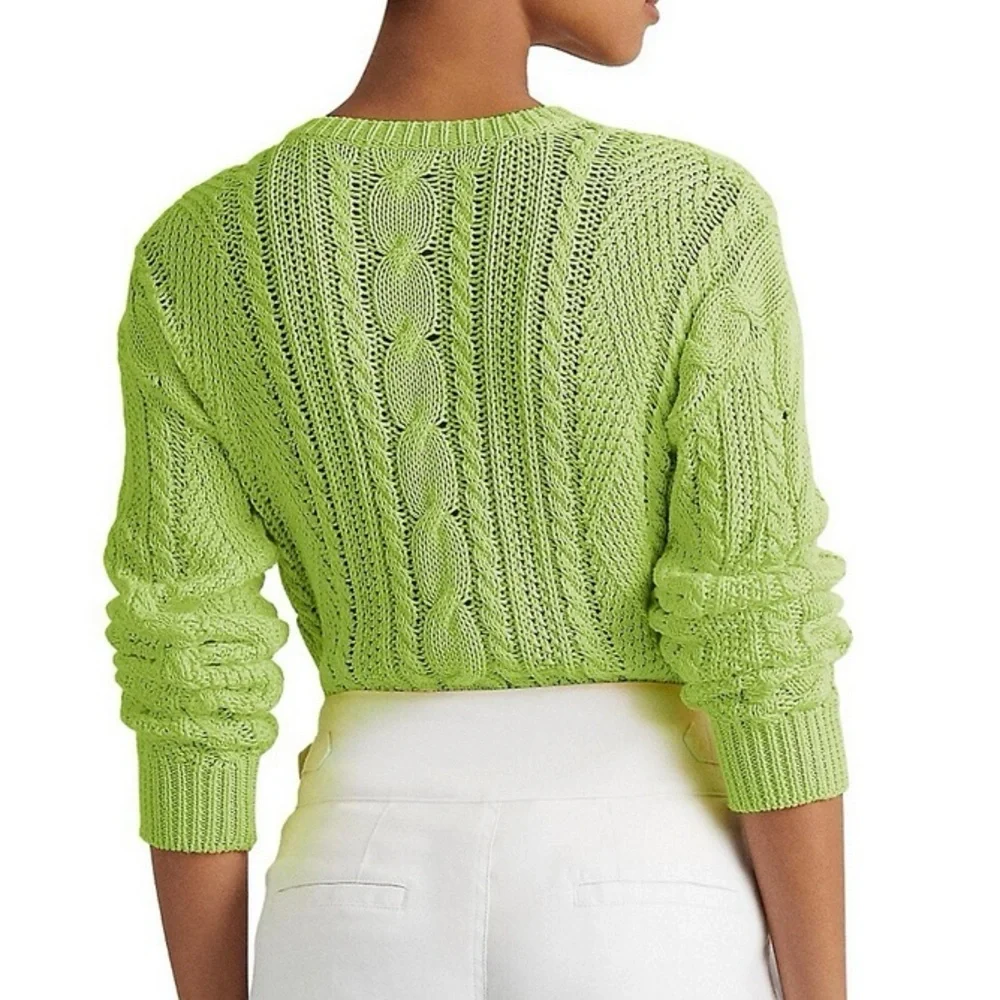 Ralph Lauren Women's Green Aran Knit Cable Knit Crewneck Cotton Pullover Sweater - Picture 2 of 7